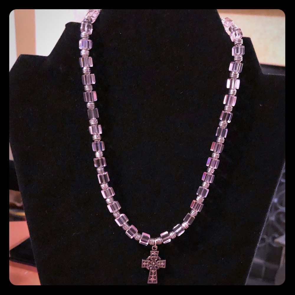 Pink necklace with cross pendant- handmade